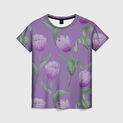Женская футболка Фиолетовые тюльпаны с зелеными листьями