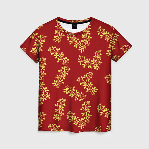 Женская футболка Золотые веточки на ярко красном фоне / 3D-принт – фото 1