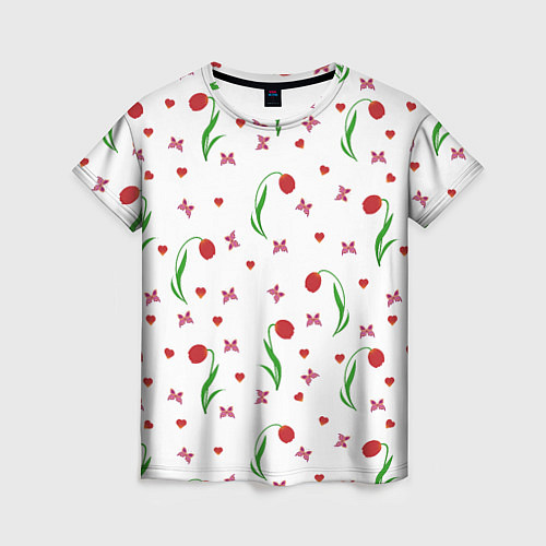 Женская футболка Тюльпаны, бабочки, сердечки / 3D-принт – фото 1