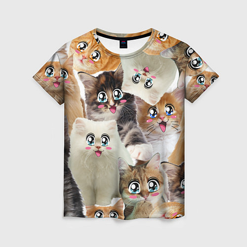 Женская футболка Много кошек с большими анимэ глазами / 3D-принт – фото 1