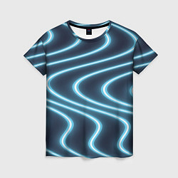 Женская футболка Неоновый свет Волны голубые на темном фоне