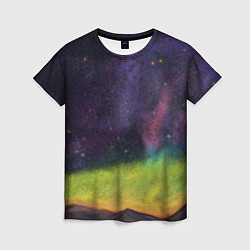 Женская футболка Горный пейзаж со звёздным небом и северным сиянием