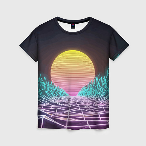 Женская футболка Vaporwave Закат солнца в горах Neon / 3D-принт – фото 1