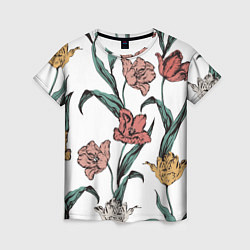 Женская футболка Цветы Разноцветные Тюльпаны