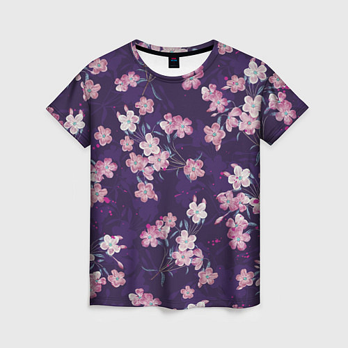 Женская футболка Цветы Розовые На Фиолетовом Фоне / 3D-принт – фото 1