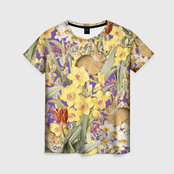 Женская футболка Цветы Нарциссы и Зайцы