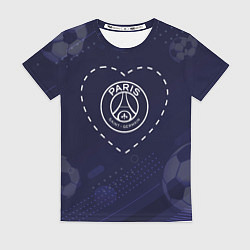 Футболка женская Лого PSG в сердечке на фоне мячей, цвет: 3D-принт