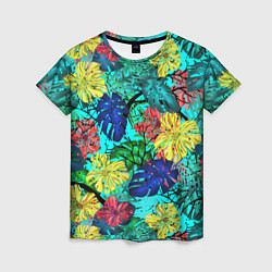 Женская футболка Тропические растения на бирюзовом фоне