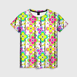 Женская футболка Цветочный ретро узор в неоновых тонах