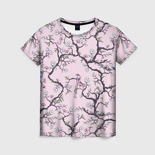 Женская футболка Цветы Сакуры и Птицы На Ветках / 3D-принт – фото 1