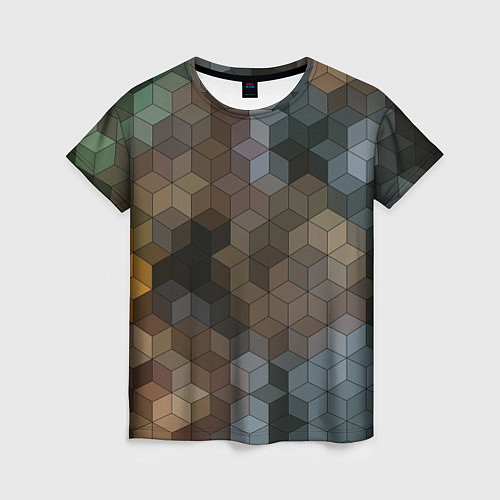 Женская футболка Геометрический 3D узор в серых и коричневых тонах / 3D-принт – фото 1