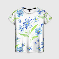 Женская футболка Цветы Синие Нарисованные Карандашами