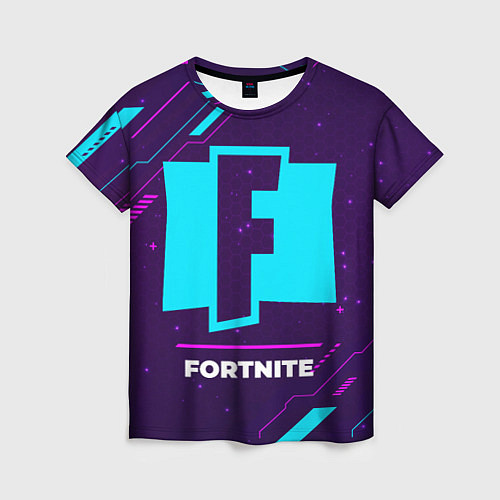 Женская футболка Символ Fortnite в неоновых цветах на темном фоне / 3D-принт – фото 1