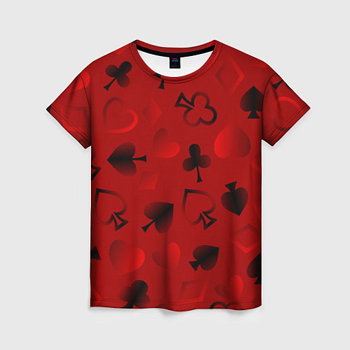 Женская футболка Карты карточные масти на красном фоне / 3D-принт – фото 1
