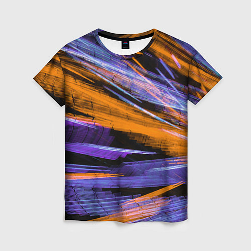 Женская футболка Неоновые прерывающиеся линии - Оранжевый и фиолето / 3D-принт – фото 1