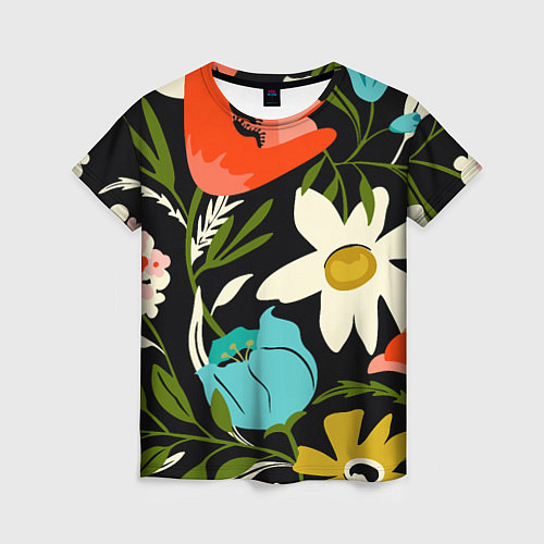Женская футболка Яркие цветы на фоне тёмной летней ночи / 3D-принт – фото 1