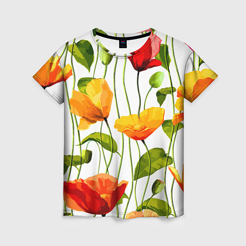 Женская футболка Волнообразный узор из цветков мака Лето / 3D-принт – фото 1