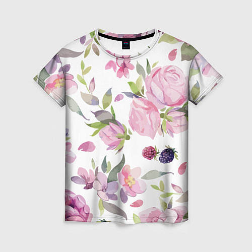 Женская футболка Летний красочный паттерн из цветков розы и ягод еж / 3D-принт – фото 1