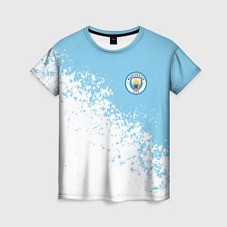 Женская футболка Manchester city белые брызги на голубом фоне