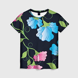 Женская футболка Яркие удивительные цветы в летней ночи