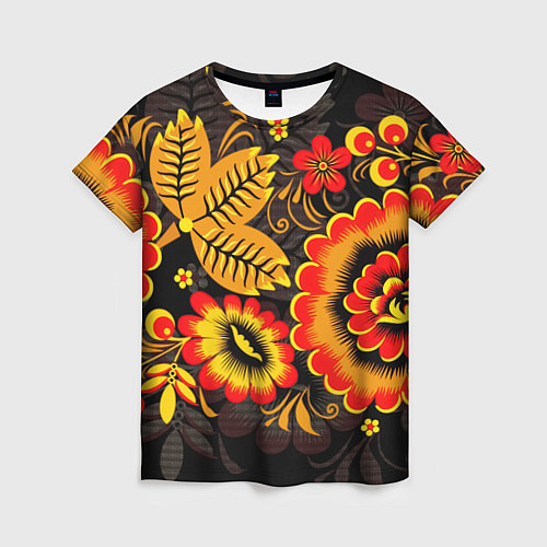 Женская футболка Хохломская Роспись Цветы На Тёмном Фоне / 3D-принт – фото 1