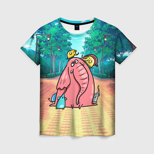Женская футболка Розовая слониха со слонятами / 3D-принт – фото 1