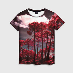 Женская футболка Абстрактные красные деревья и облака