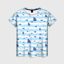 Женская футболка Волны, рыбки и плавники акул - паттерн