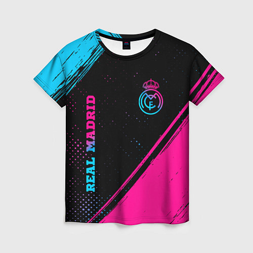 Женская футболка Real Madrid - neon gradient: символ и надпись верт / 3D-принт – фото 1