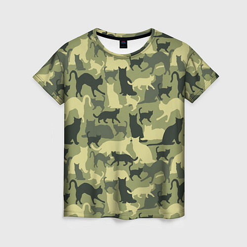 Женская футболка Кошачий камуфляж в зеленой гамме / 3D-принт – фото 1