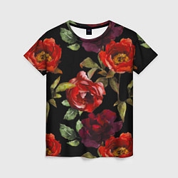 Женская футболка Цветы Нарисованные Розы На Чёрном Фоне