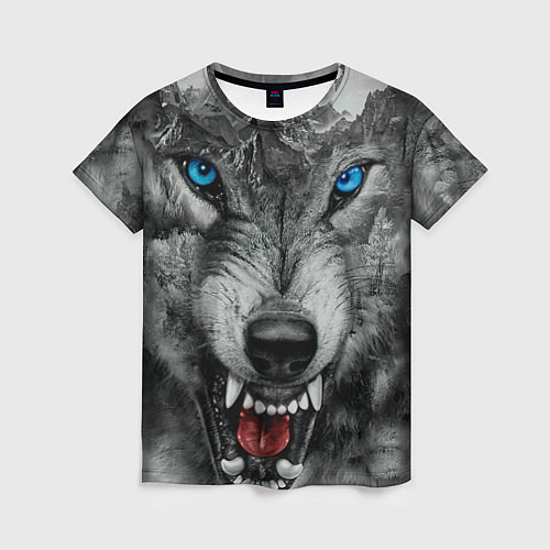Женская футболка Агрессивный волк с синими глазами / 3D-принт – фото 1