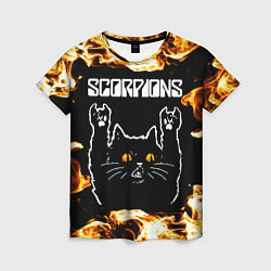 Футболка женская Scorpions рок кот и огонь, цвет: 3D-принт