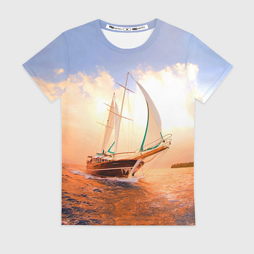 Женская футболка Парусник в океане на фоне заката / 3D-принт – фото 1