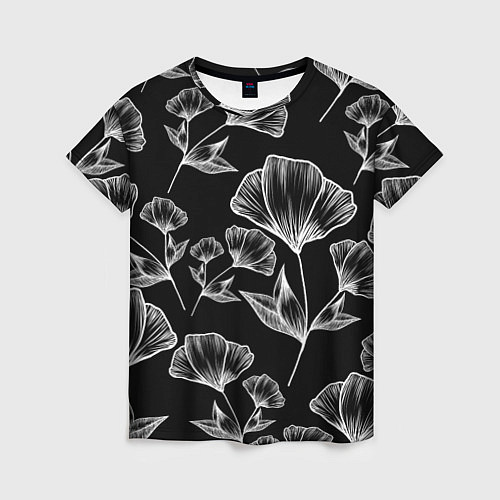 Женская футболка Графичные цветы на черном фоне / 3D-принт – фото 1