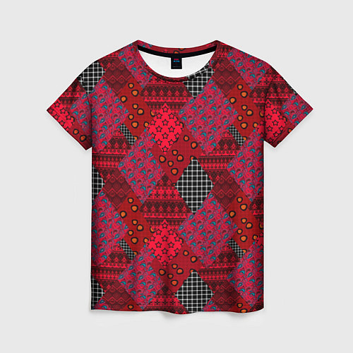 Женская футболка Красный лоскутный узор пэчворк / 3D-принт – фото 1