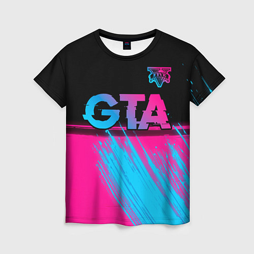 Женская футболка GTA - neon gradient: символ сверху / 3D-принт – фото 1