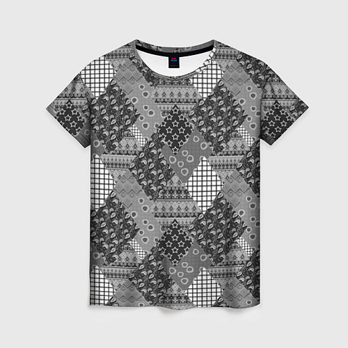 Женская футболка Black and White Ethnic Patchwork Pattern / 3D-принт – фото 1