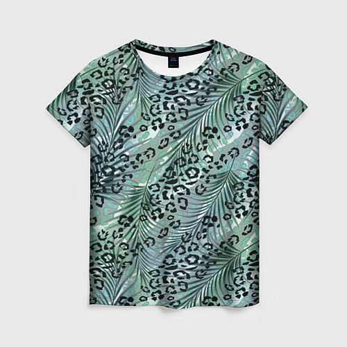 Женская футболка Листья пальмы на леопардовом серо - зеленом фоне / 3D-принт – фото 1