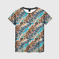 Женская футболка Леопардовый узор на синих, бежевых диагональных по