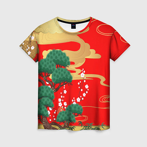 Женская футболка Японский пейзаж на красном / 3D-принт – фото 1
