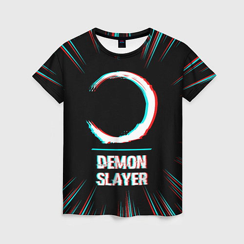 Женская футболка Символ Demon Slayer в стиле glitch на темном фоне / 3D-принт – фото 1
