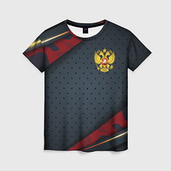 Женская футболка Герб России черно-красный камуфляж