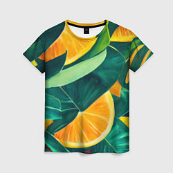 Женская футболка Листья монстеры и дольки апельсинов
