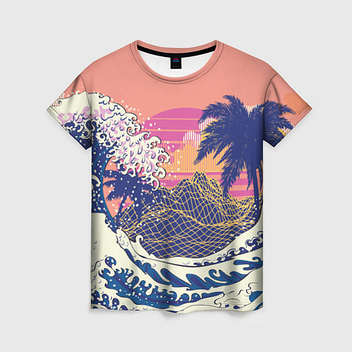 Женская футболка Ретро дизайн большие волны, пальмы и абстрактные г / 3D-принт – фото 1