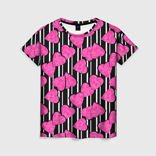 Женская футболка Малиновые мраморные сердца на полосатом черно фоне / 3D-принт – фото 1