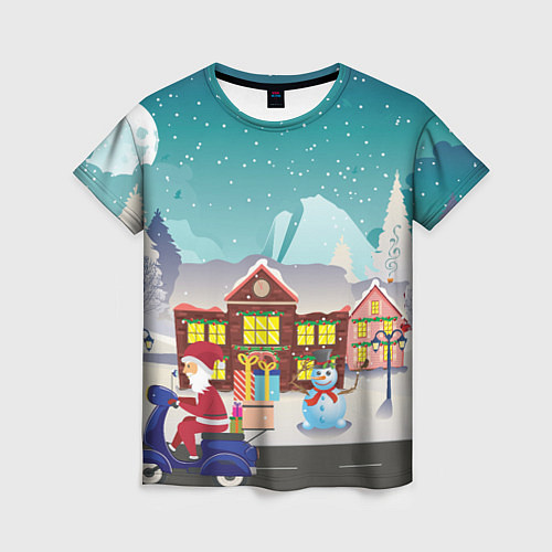 Женская футболка В Новогоднюю ночь Дед Мороз едет на скутере с пода / 3D-принт – фото 1