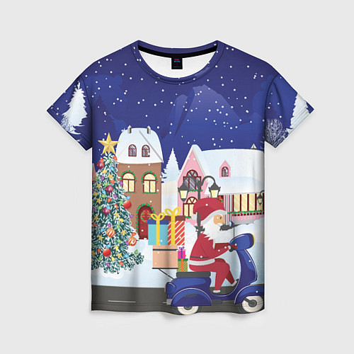 Женская футболка Дед Мороз едет на скутере с подарками в Новогоднюю / 3D-принт – фото 1