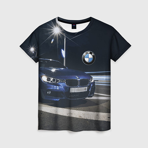 Женская футболка BMW на ночной трассе / 3D-принт – фото 1