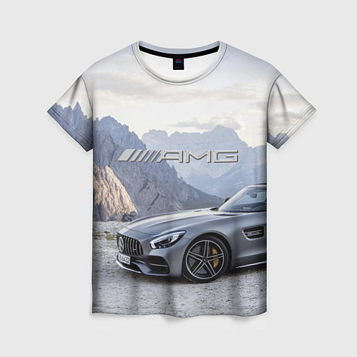 Женская футболка Mercedes AMG V8 Biturbo cabriolet - mountains / 3D-принт – фото 1